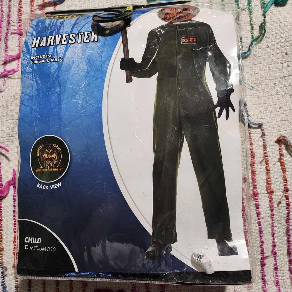 Spirit Halloween Harvester Costume Child Medium 8-10 Jumpsuit Mask Pumpkin Creep